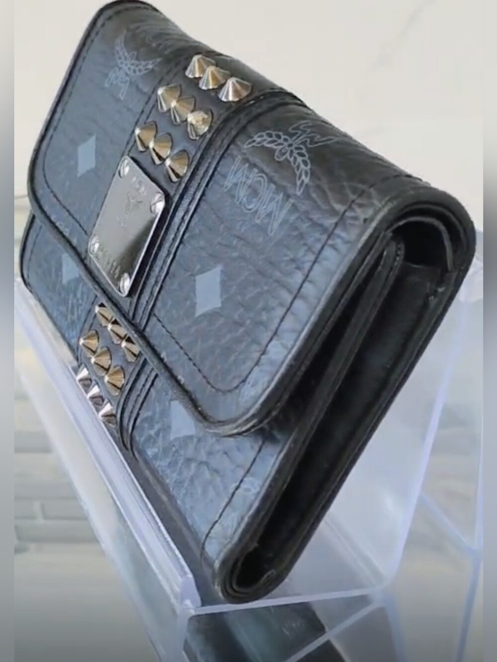 EUC MCM Compact Wallet - Black Visetos Studded Monogram SHW
